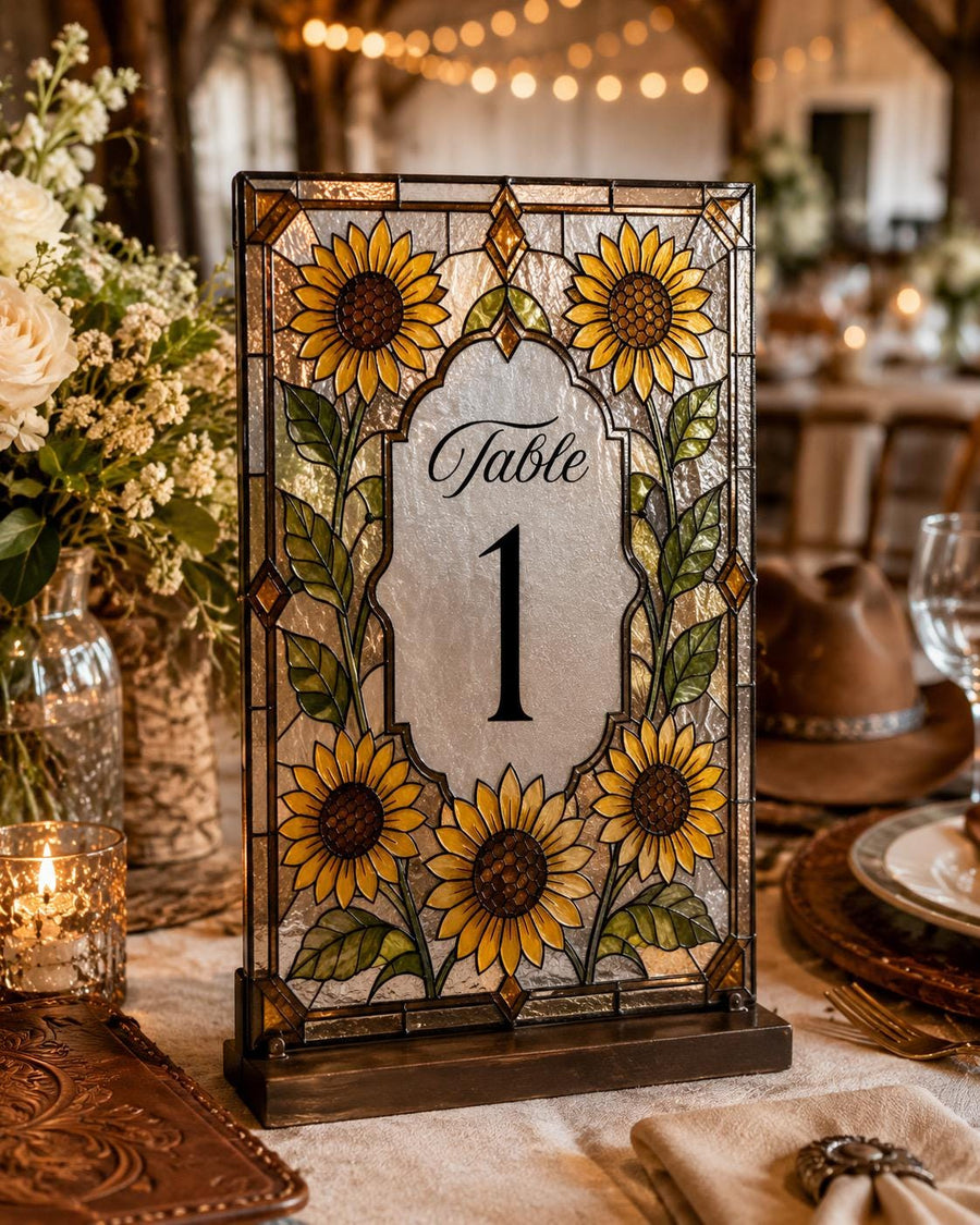 Yellow Sunflower Faux Stained Glass Table Number, Floral Wedding Acrylic Tracing Canva Template 035STGL-TANR - marryful.org
