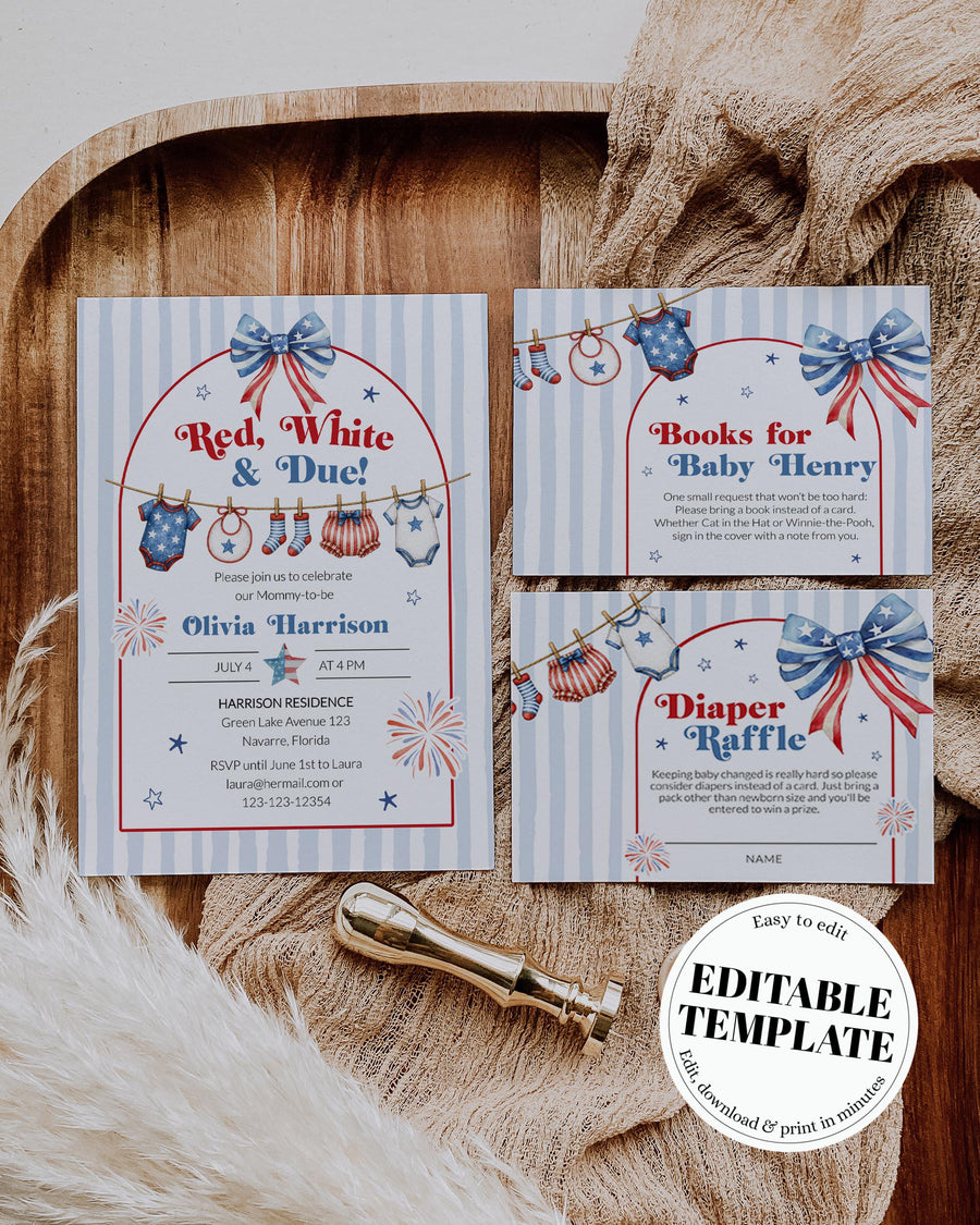 Red White and Due Baby Shower Invitation, Blue Stripe Clothesline Editable Template 020BL-BSINV - marryful.org
