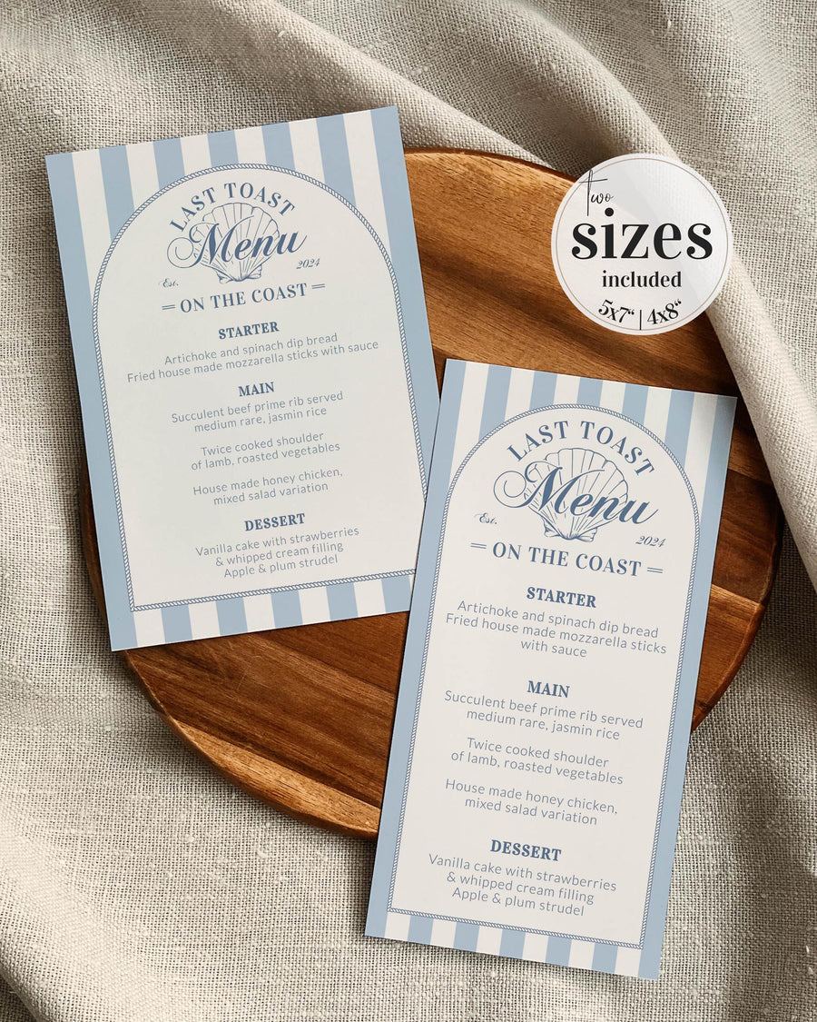 Coastal Grandmother Menu Card, Last Toast On The Coast Bridal Shower Template 085CO-MENU