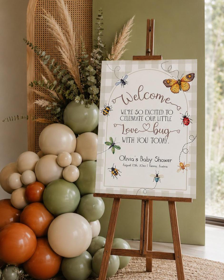 Baby Shower Welcome Sign Love Bug Template, Beige Gingham Bugs Butterfly Welcome Poster 101LB-WLCM-BE - marryful.org
