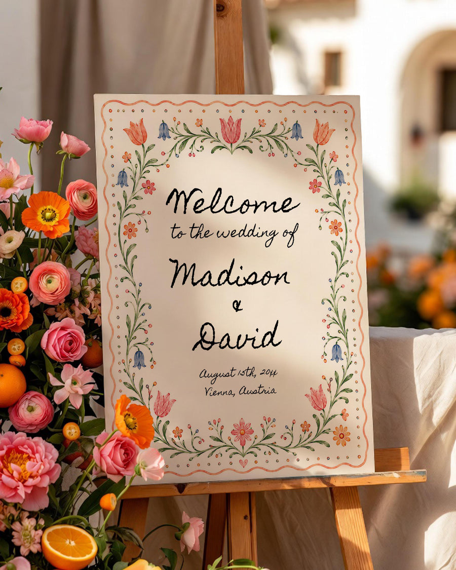 Whimsical Garden Wedding Welcome Sign, Colorful Folk Floral Entrance Display, Printable Decor Editable Template 036FA-WLCM - marryful.org