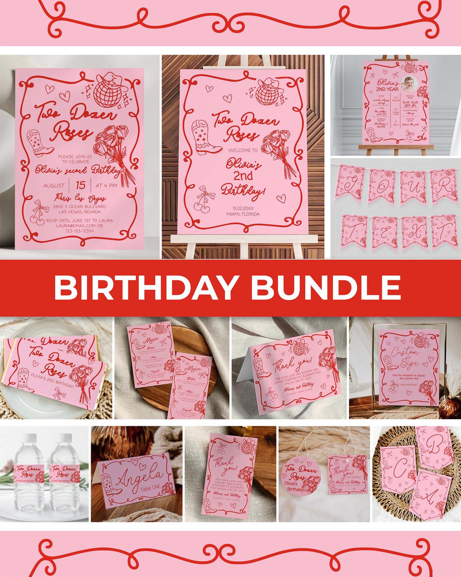 Two Dozen Roses Birthday Bundle, Pink Cowgirl Second Party Decor, Editable Printable Template 070PI-BBUNDLE - marryful.org
