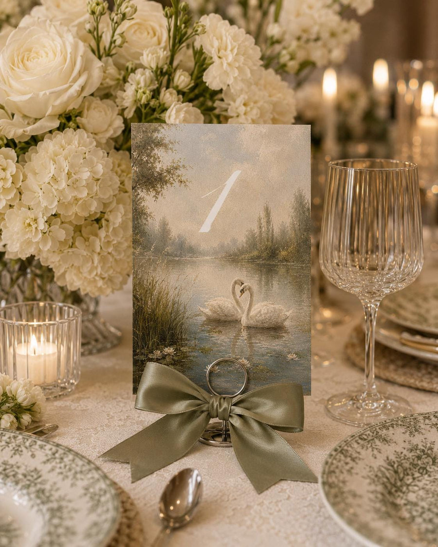 Fine Art Wedding Table Numbers, Romantic Swan Landscape Cards, Vintage Reception Printable Template Set - marryful.org