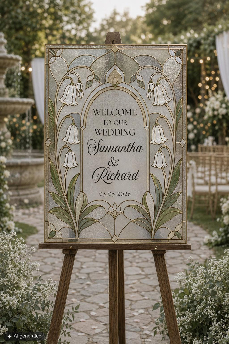 Faux Stained Glass Wedding Welcome Sign Template, Bellflower Garden Floral Acrylic Printable 035STGL-WLCM - marryful.org