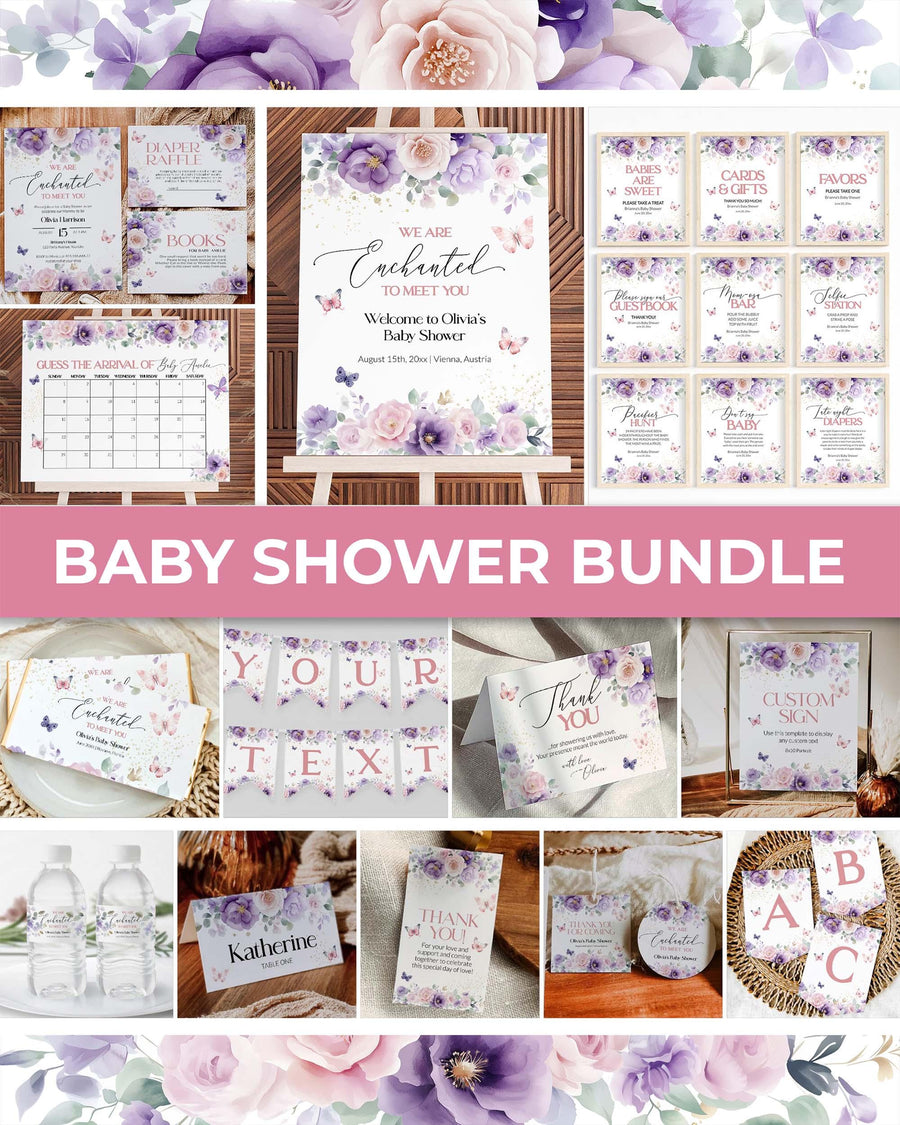 Enchanted Baby Shower Bundle, Pink Purple Butterfly Decorations, Whimsical Garden Party Editable Printable Template 023EN-BSBUNDLE - marryful.org