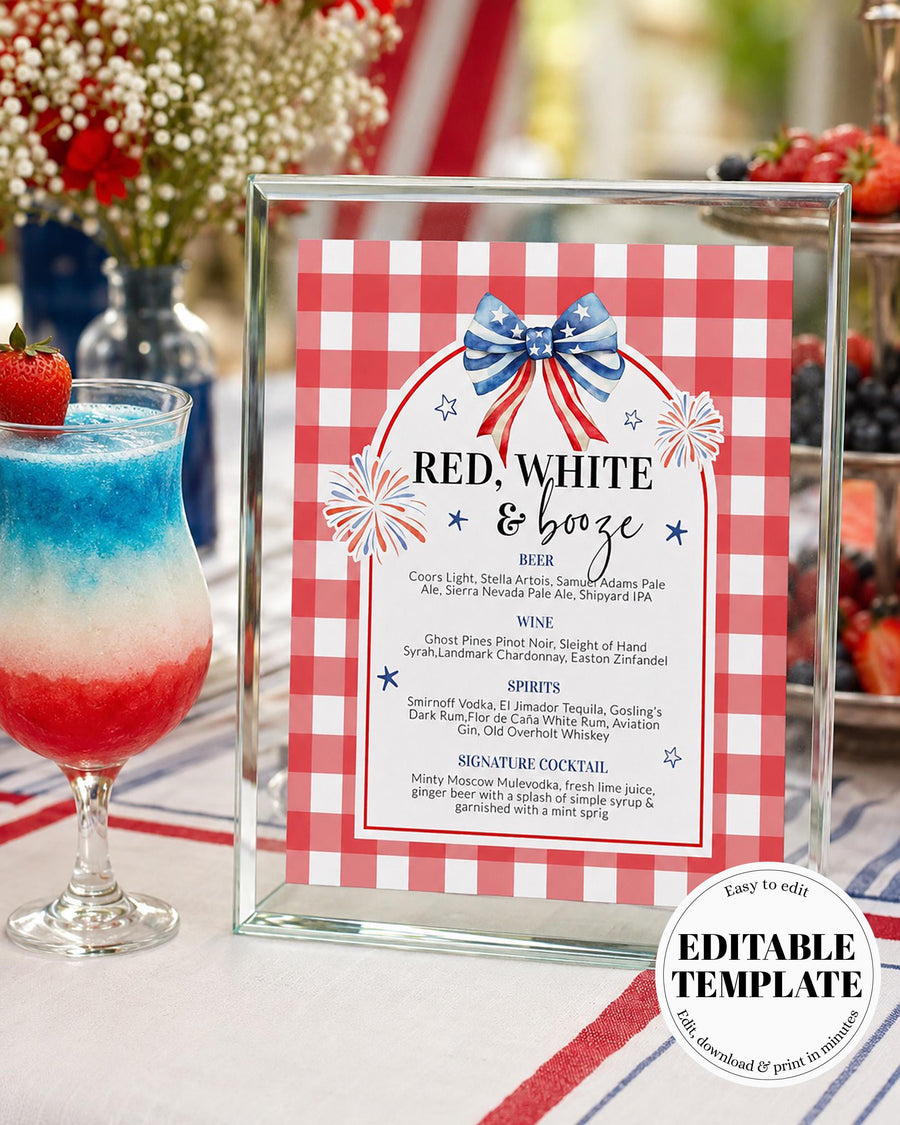 Red White and Booze Bar Menu Sign, All American Bride Editable Template 020IND-BAME - marryful.org