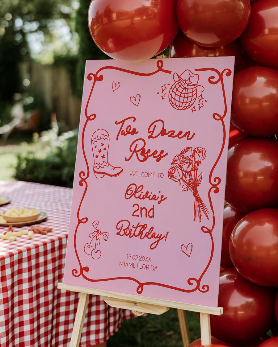 Two Dozen Roses Welcome Sign, Pink Western Cowgirl Birthday Decor, Editable Printable Template 070PI-WLCM - marryful.org
