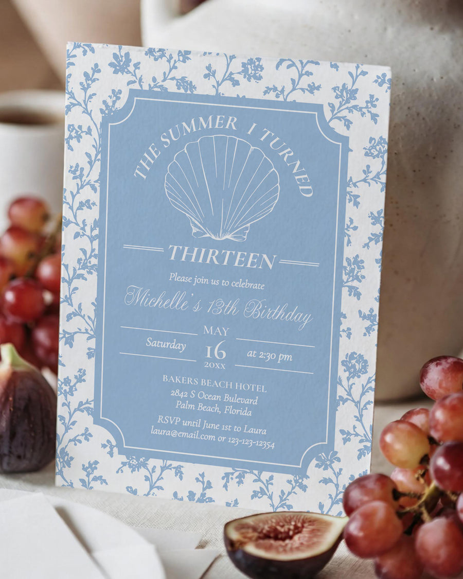 Coastal Grandmother Bridal Shower Invitation, Blue Toile Seashell Chinoiserie Printable Editable Template 085CO-BINV2