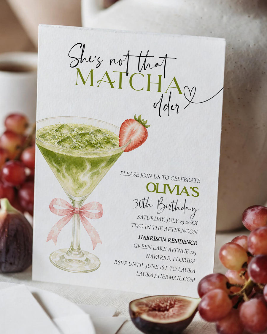Matcha Birthday Invitation Template, She’s Not That Matcha Older Strawberry Cocktail Invite 089PM-BINV - marryful.org