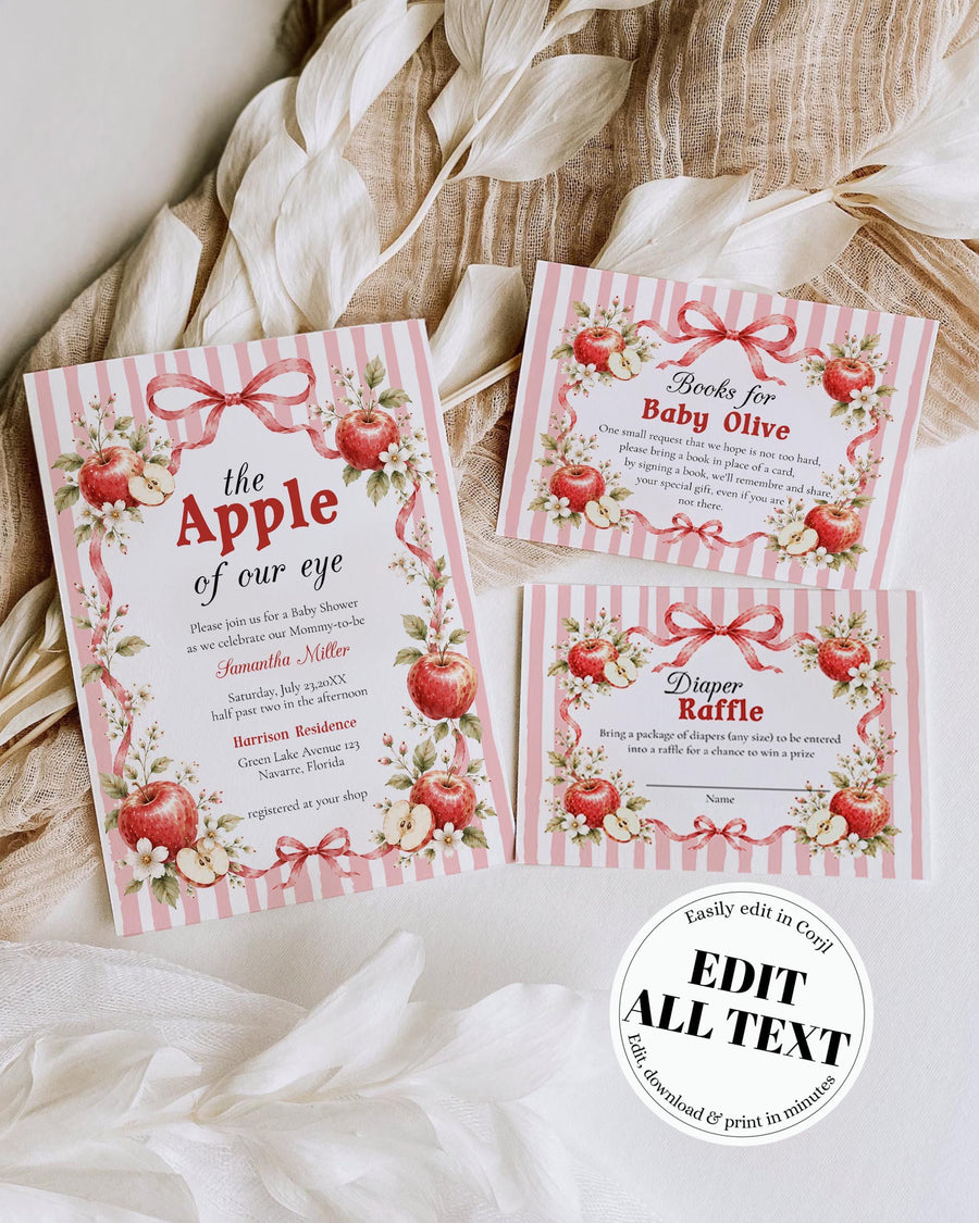 The Apple Of Our Eye Baby Shower Invitation, Pink Cottagecore Bow Printable Template 089AP-BSINV - marryful.org