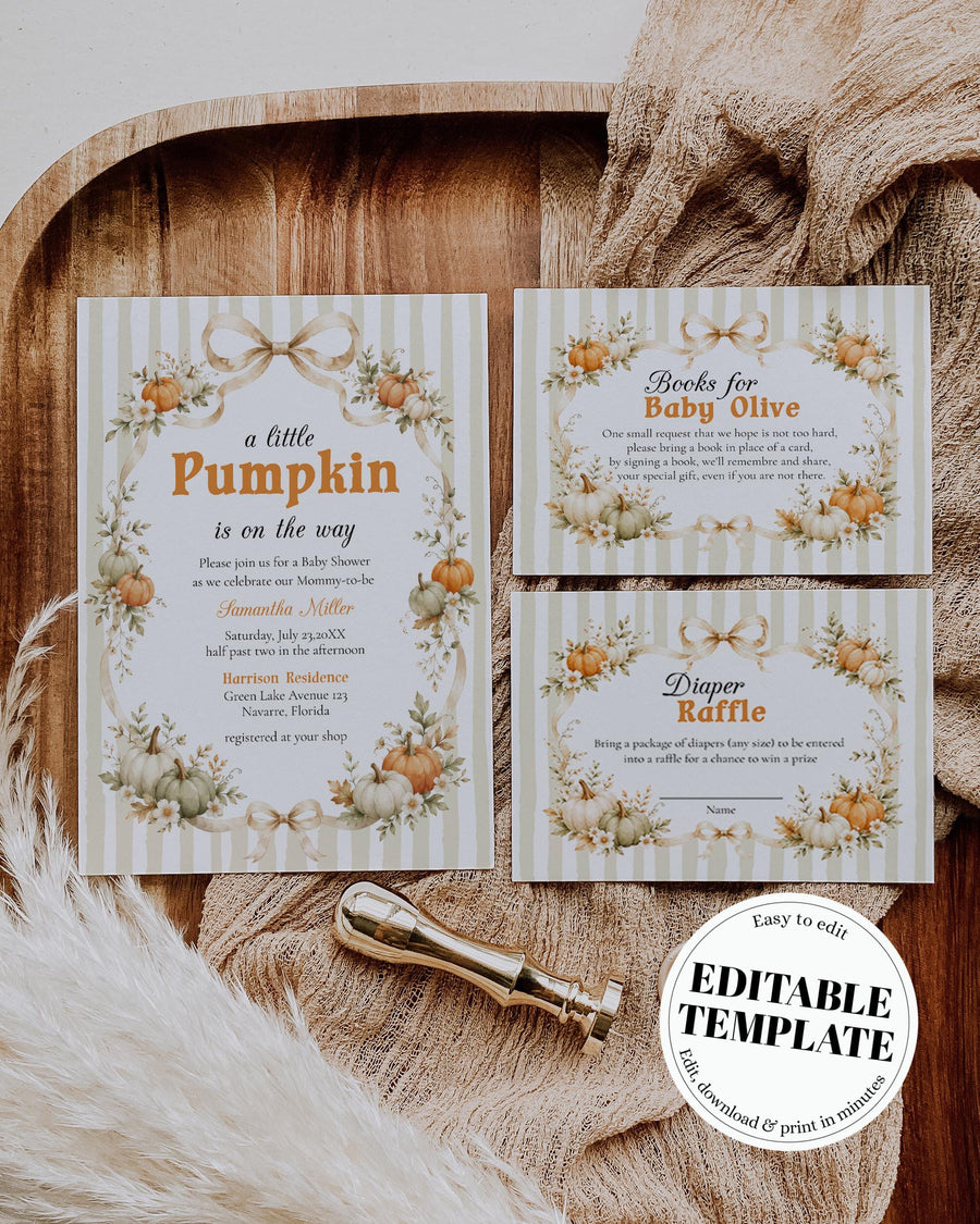 Little Pumpkin Baby Shower Invitation, Cottagecore Bow Frame Invite, Gender Neutral Editable Template 089PU-BSINV - marryful.org