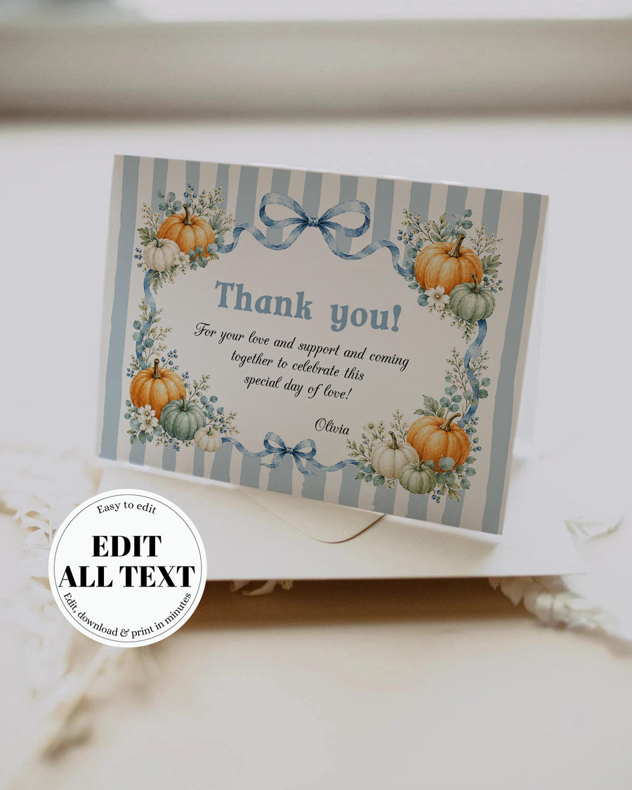 Blue Pumpkin Baby Shower Thank You Card, Boy Fall Bow Editable Template 089PU-THCA-BL - marryful.org