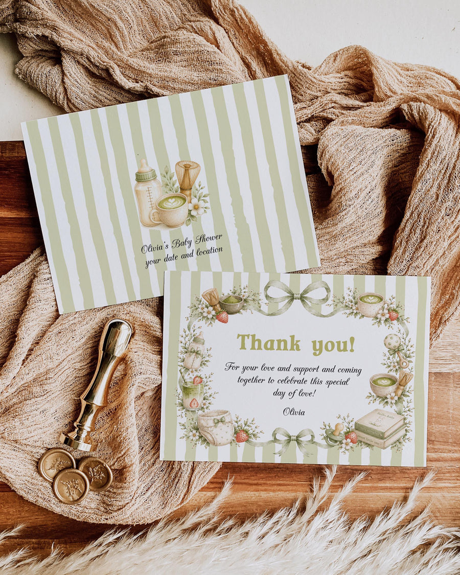Matcha Baby Shower Thank You Card Template, Green-Striped A Little Matcha Design 089MA-THCA-GR - marryful.org
