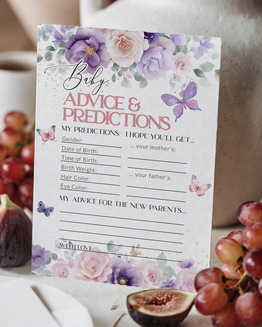 Advice And Predictions Baby Shower Card, Enchanted Floral Keepsake Game, Butterfly Editable Printable Template 023EN-ADPR - marryful.org