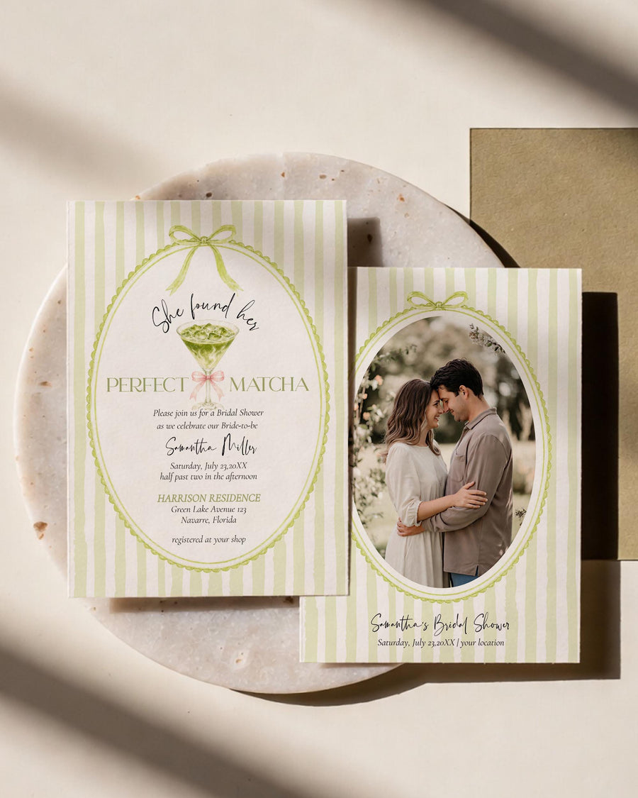 Matcha Bridal Shower Invitation Template, Photo Coquette Bow Tea Party Invite Printable 089PM-BRSINV - marryful.org
