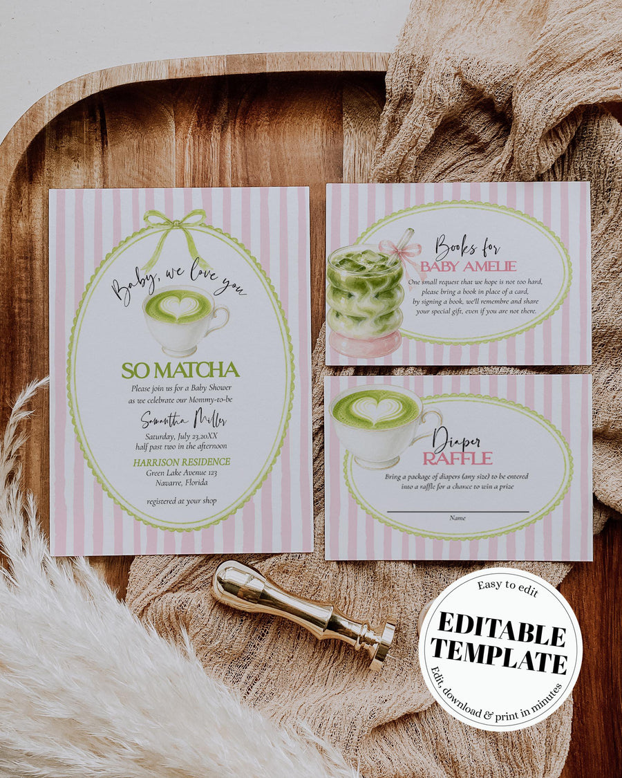 Matcha Baby Shower Invitation Template, Pink Stripe Coquette Tea Party Invite Printable 089PM-BSINV - marryful.org
