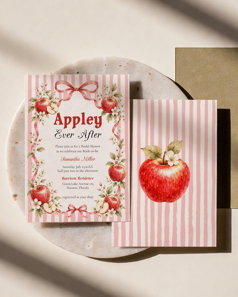 Appley Ever After Bridal Shower Invitation, Apple Orchard Pink Cottagecore Bow Printable Template 089AP-BRSINV - marryful.org