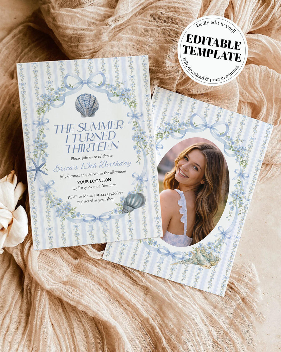Summer I Turned Thirteen Birthday Invitation, Vintage Hydrangea Seashell Invite, Editable Coastal Bow Template 069BL-BINV - marryful.org
