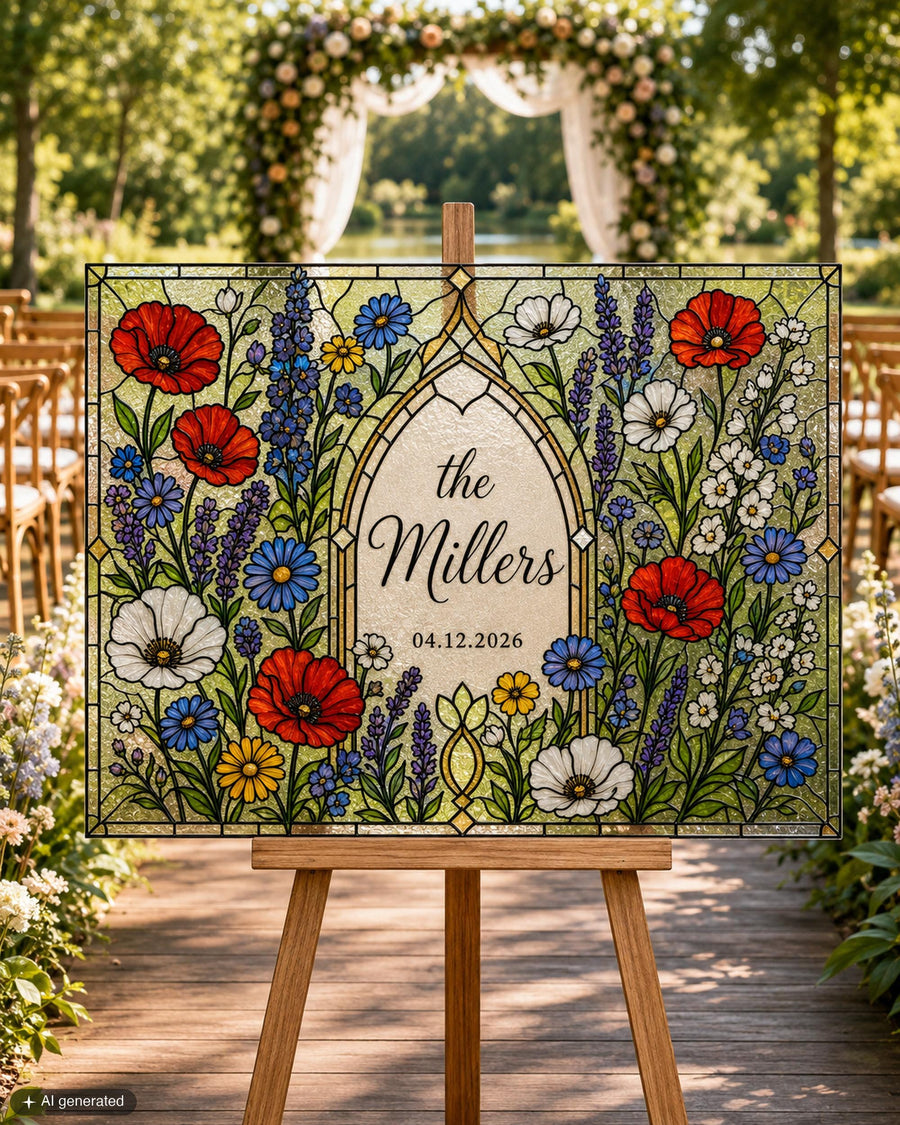 Last Name Wedding Sign, Colorful Wildflower Faux Stained Glass Keepsake Canva DIY Template 035STGL-WLCM - marryful.org