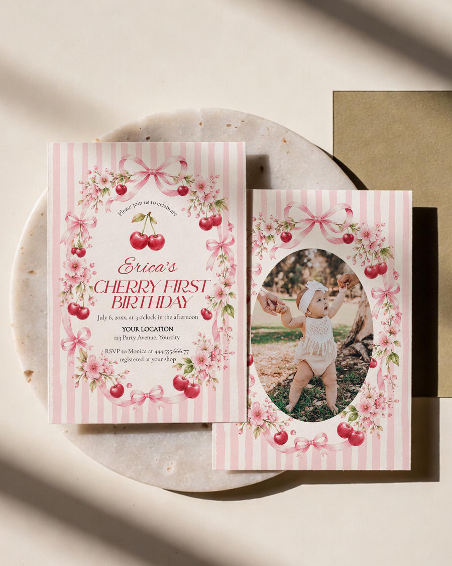 Cherry First Birthday Invitation, Red Bow Coquette Party Invite, Sweet One Editable Template 069BE-BINV - marryful.org