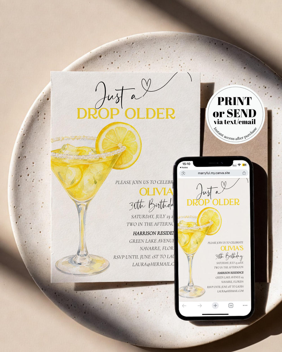 Lemon Martini Birthday Invitation, Just A Drop Older Editable Adult Cocktail Party Template 089LE-BINV - marryful.org