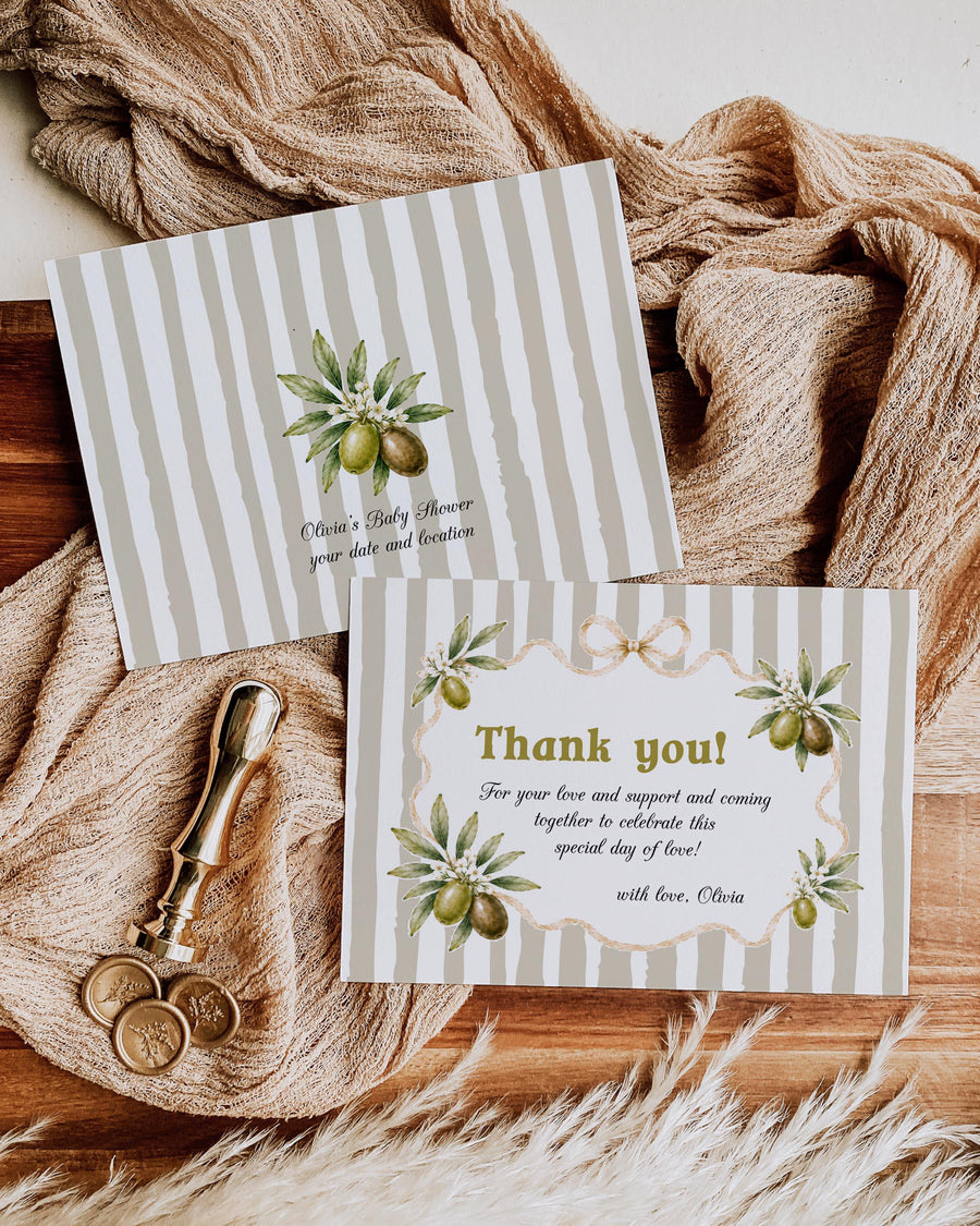 Olive Baby Shower Thank You Card, Sage Green Stripes, Editable Vintage Template 089OL-THCA - marryful.org