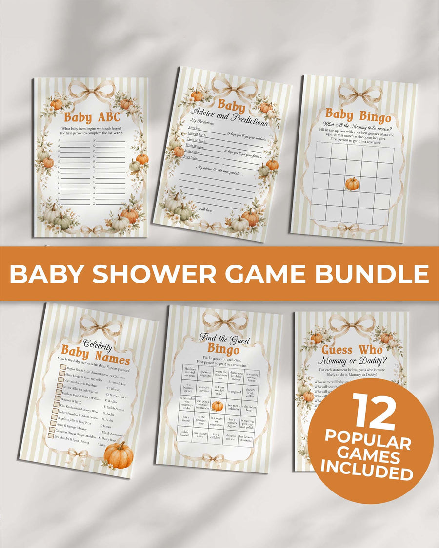 Neutral Pumpkin Baby Shower Games Bundle, Beige Fall Cottagecore Bow Editable Template 089PU-BSGAMEB - marryful.org