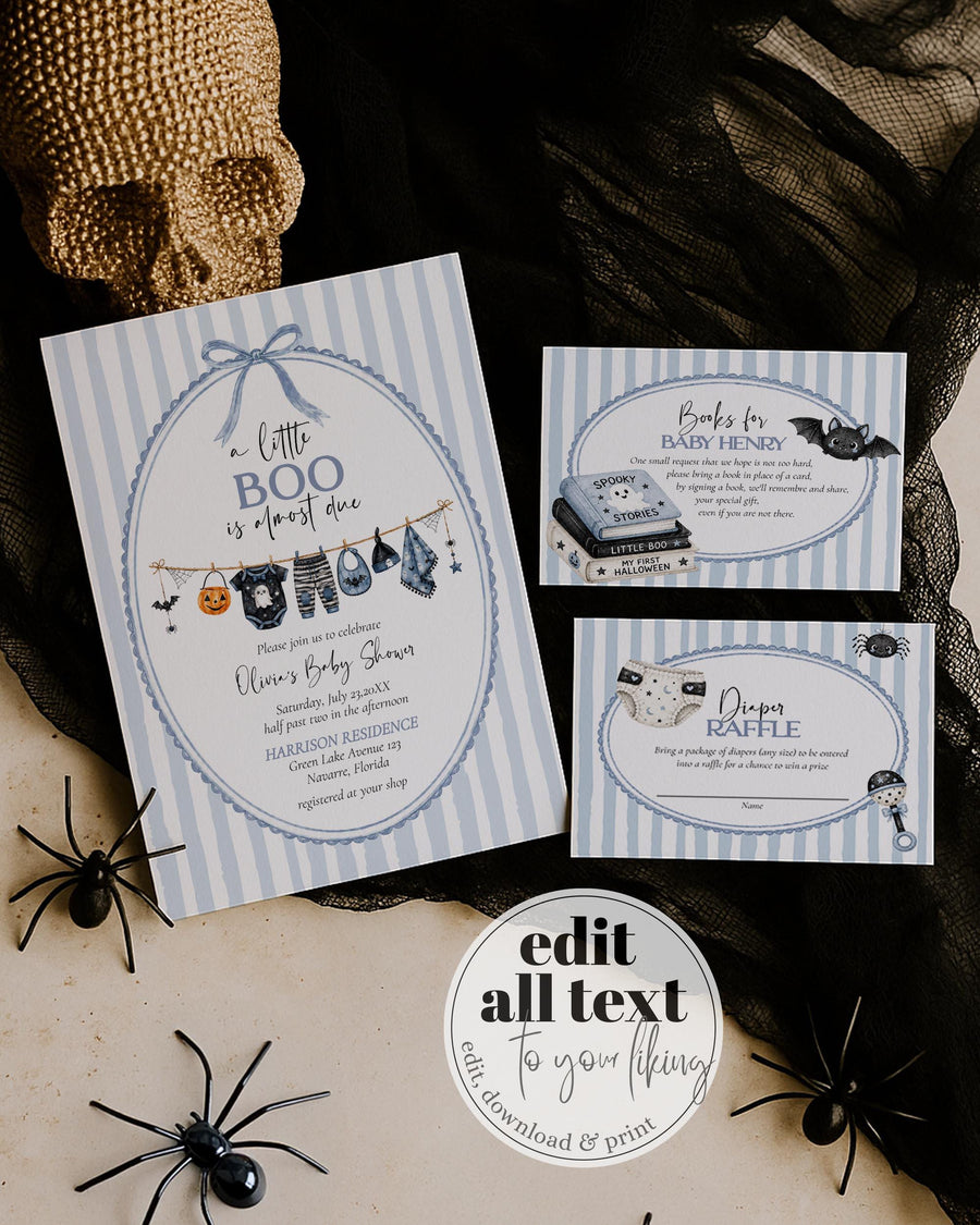 A Little Boo Is Almost Due Invitation Set, Blue Halloween Baby Shower Template 089HA-BSINV - marryful.org