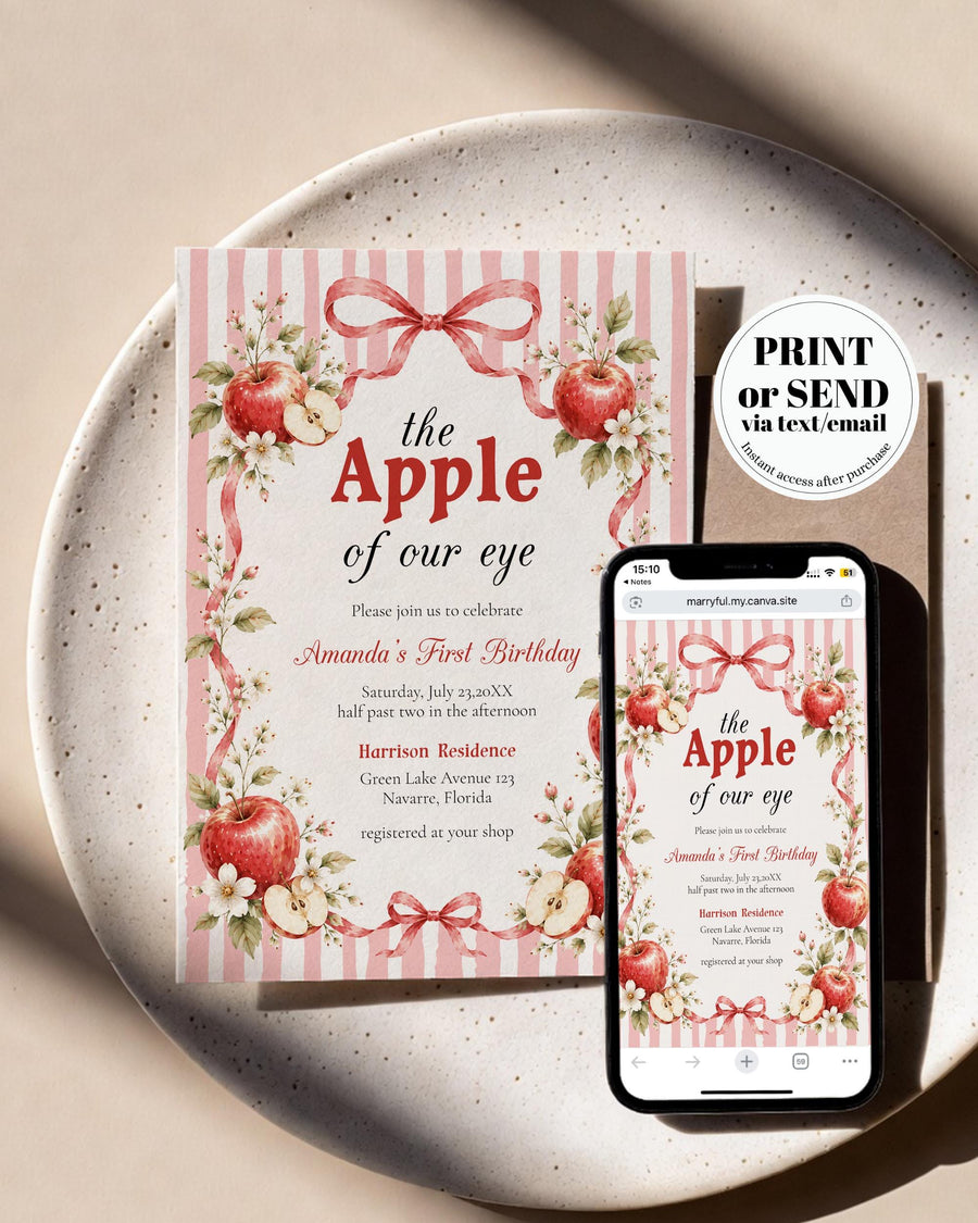 Apple Of Our Eye First Birthday Invitation, Pink Cottagecore Bow Party Printable Template 089AP-BINV - marryful.org
