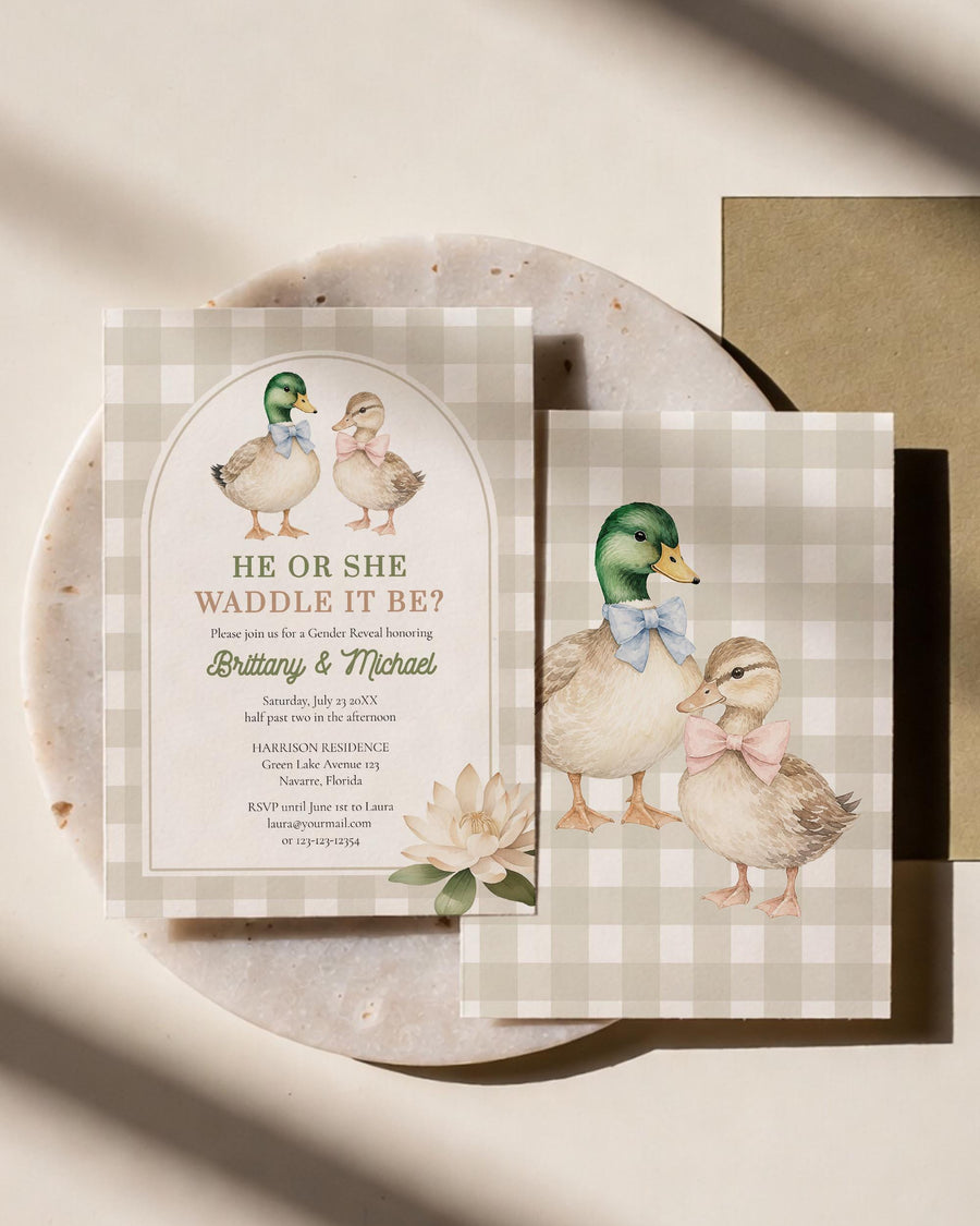 Duck Gender Reveal Invitation, Waddle It Be Watercolor Mallard Invite, Editable Gingham Template 006LD-GERINV