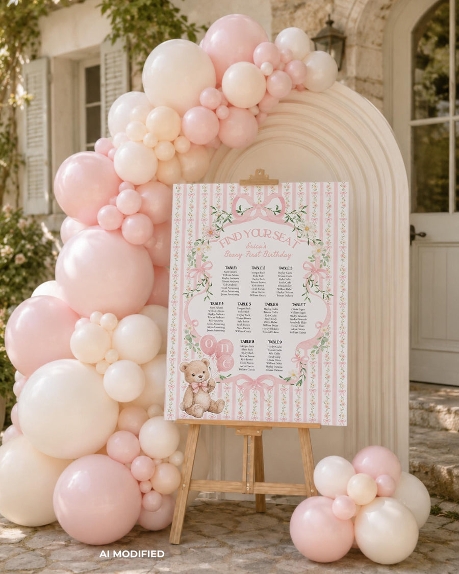 Beary First Birthday Seating Chart Template, Pink Teddy Bear Floral Bow Party Sign 069PI-SEAT