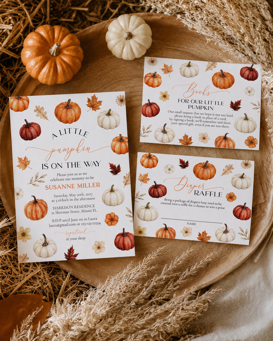 Little Pumpkin Baby Shower Invitation, Fall Corjl Template, Gender Neutral Autumn Invite 073PU-BSINV