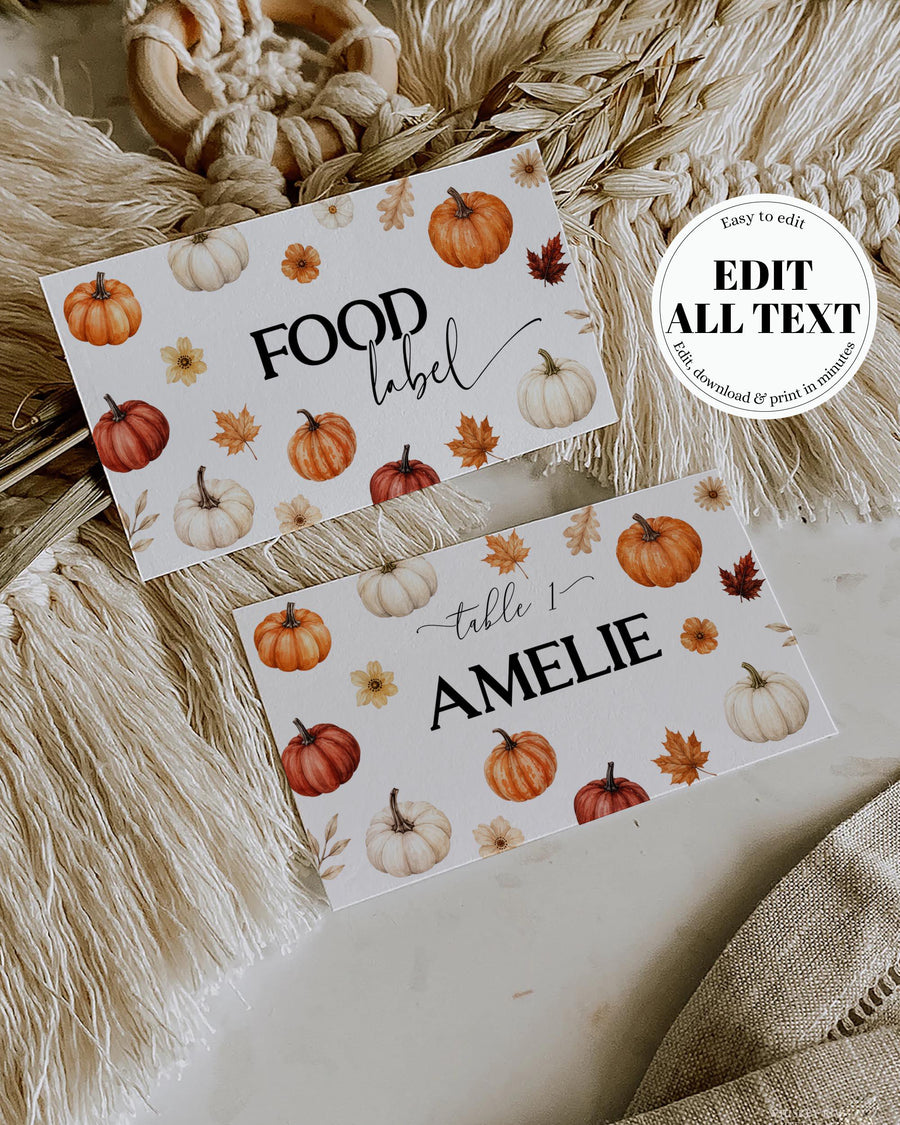 Little Pumpkin Baby Shower Food Labels, Fall Place Cards, Editable Corjl Template 073PU-PLCA