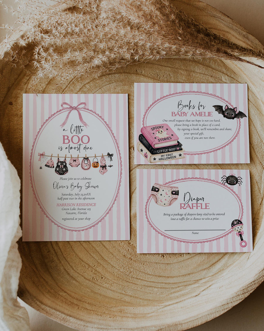 Pink Halloween Baby Shower Invitation, Little Boo Girl Invite Suite, Editable Printable Template 089HAP-BSINV