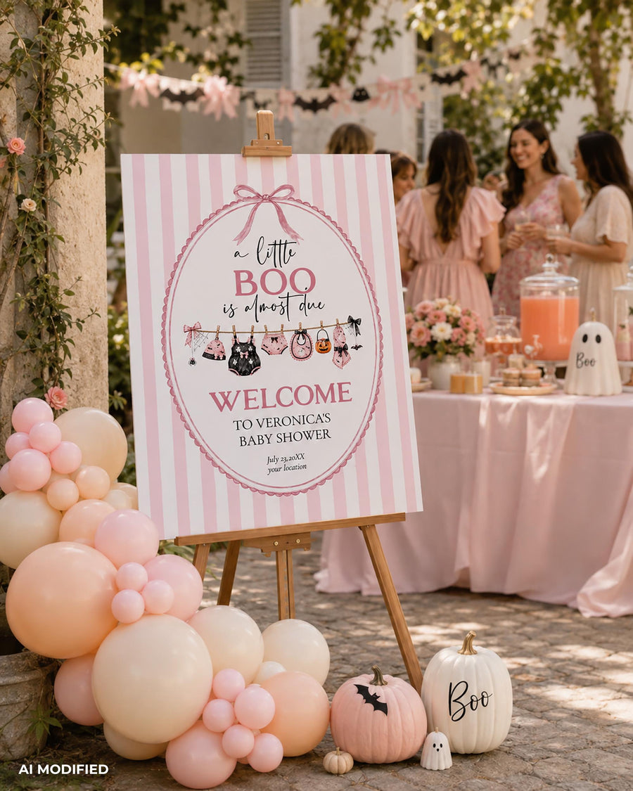 Pink Halloween Baby Shower Welcome Sign, Little Boo Girl Party Poster, Editable Template 089HAP-WLCM