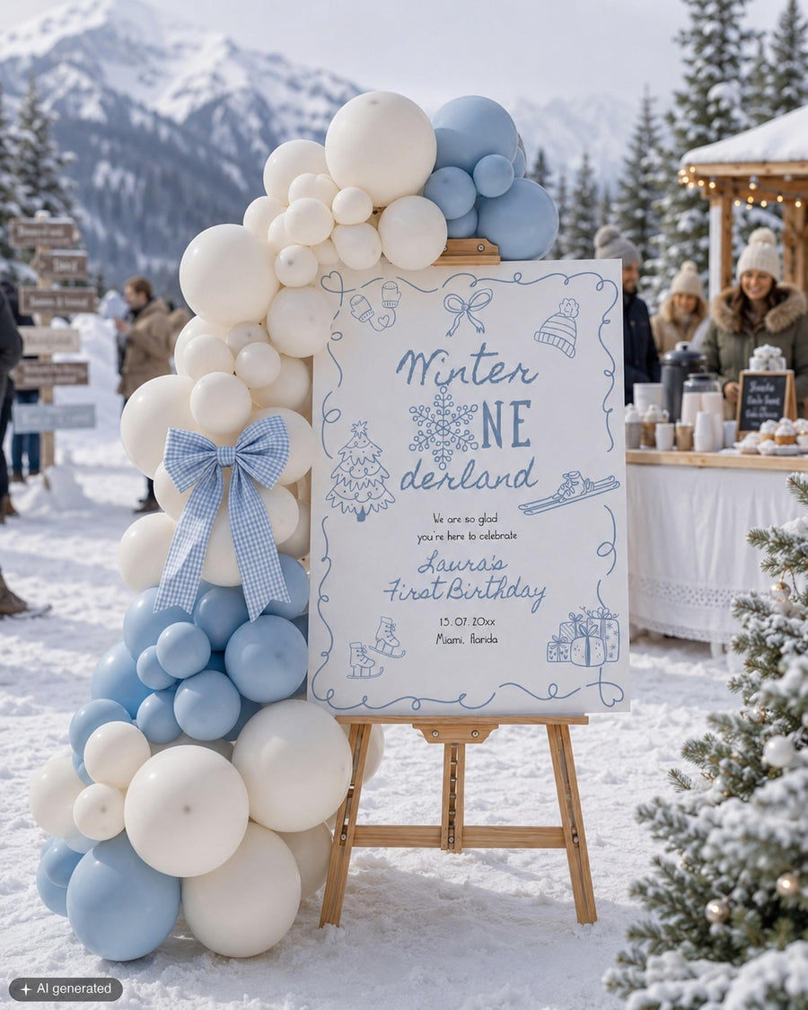 Winter Wonderland First Birthday Welcome Sign, Blue Snowflake Party Poster, Editable Digital Template 070BL-WLCM
