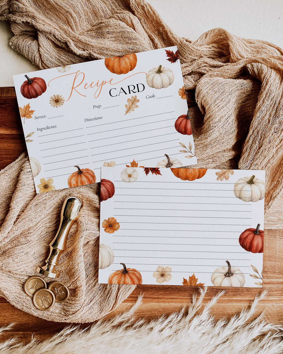 Pumpkin Bridal Shower Recipe Card, Orange Floral Fall Stationery, Editable Printable Keepsake Template 073PU-RECA