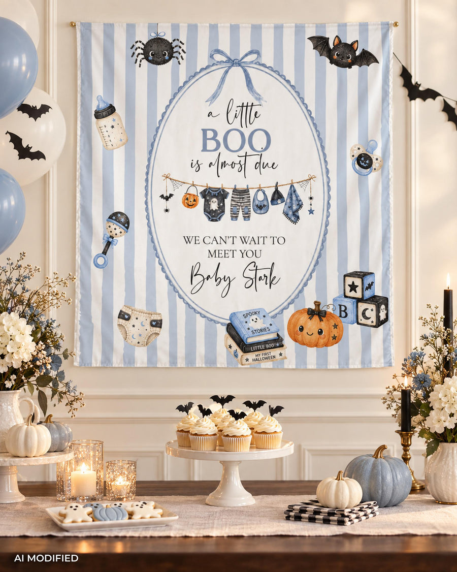 Halloween Baby Shower Wall Tapestry, Blue Little Boo Backdrop, Editable Party Decor Template 089HA-TASI