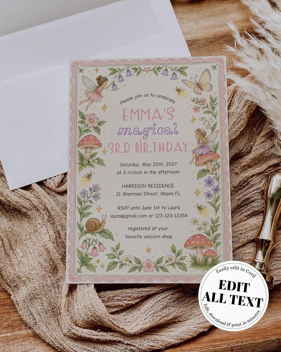 Fairy Birthday Invitation, Enchanted Garden Fairy Party Invite, Editable Instant Download Card Template 032FA-BINV