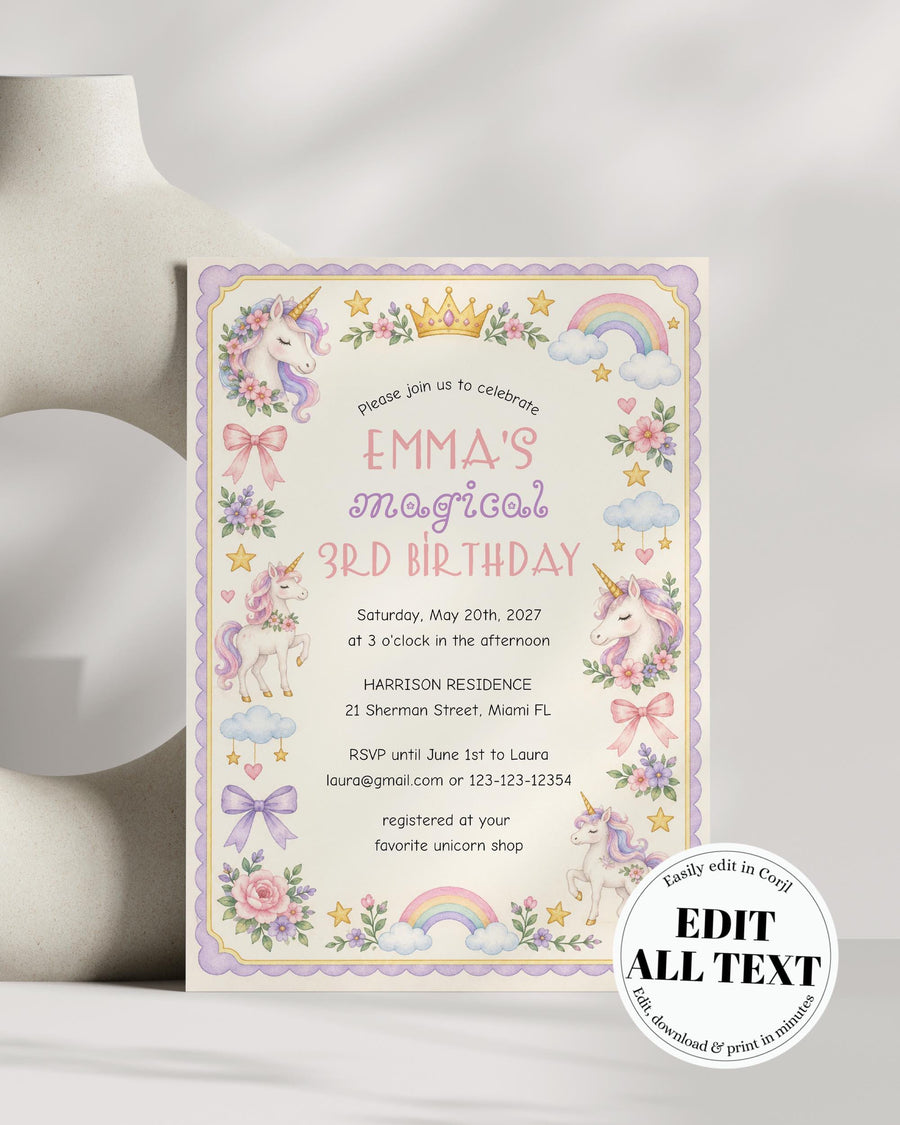 Unicorn Birthday Invitation, Rainbow Unicorn Party Invite for Girls, Editable Digital Card Template 032UN-BINV