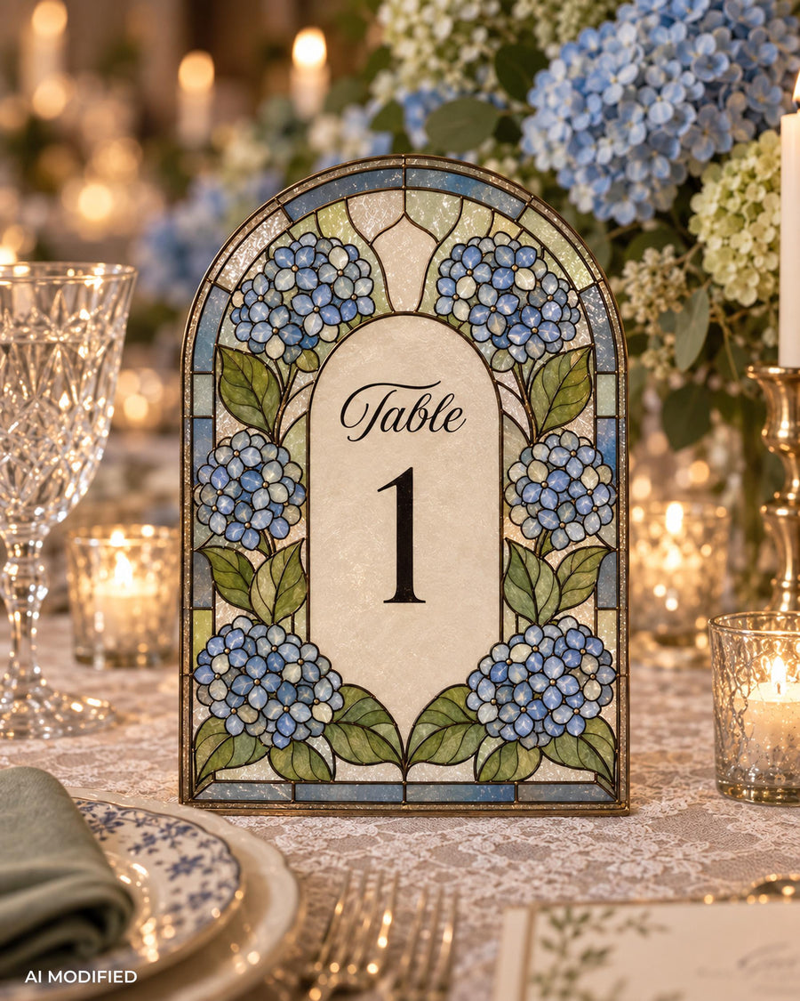 Arched hydrangea faux stained glass table number tracing template with editable number and text for a DIY acrylic wedding table sign.