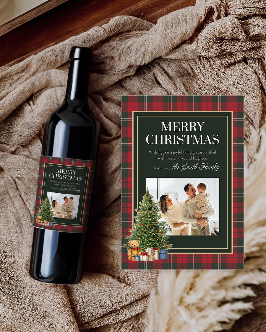Personalized Wine Label, Red Tartan Family Christmas, Editable Holiday Bottle Gift Template 068CH-WILA