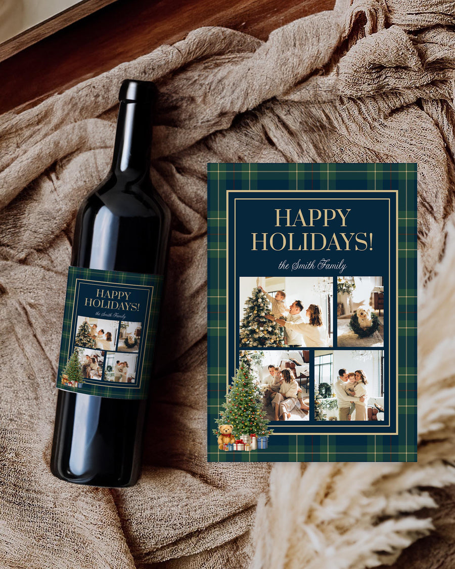 Wine Bottle Labels, Navy Green Tartan Photo Collage, Editable Family Christmas Gift Template 068RL-WILA