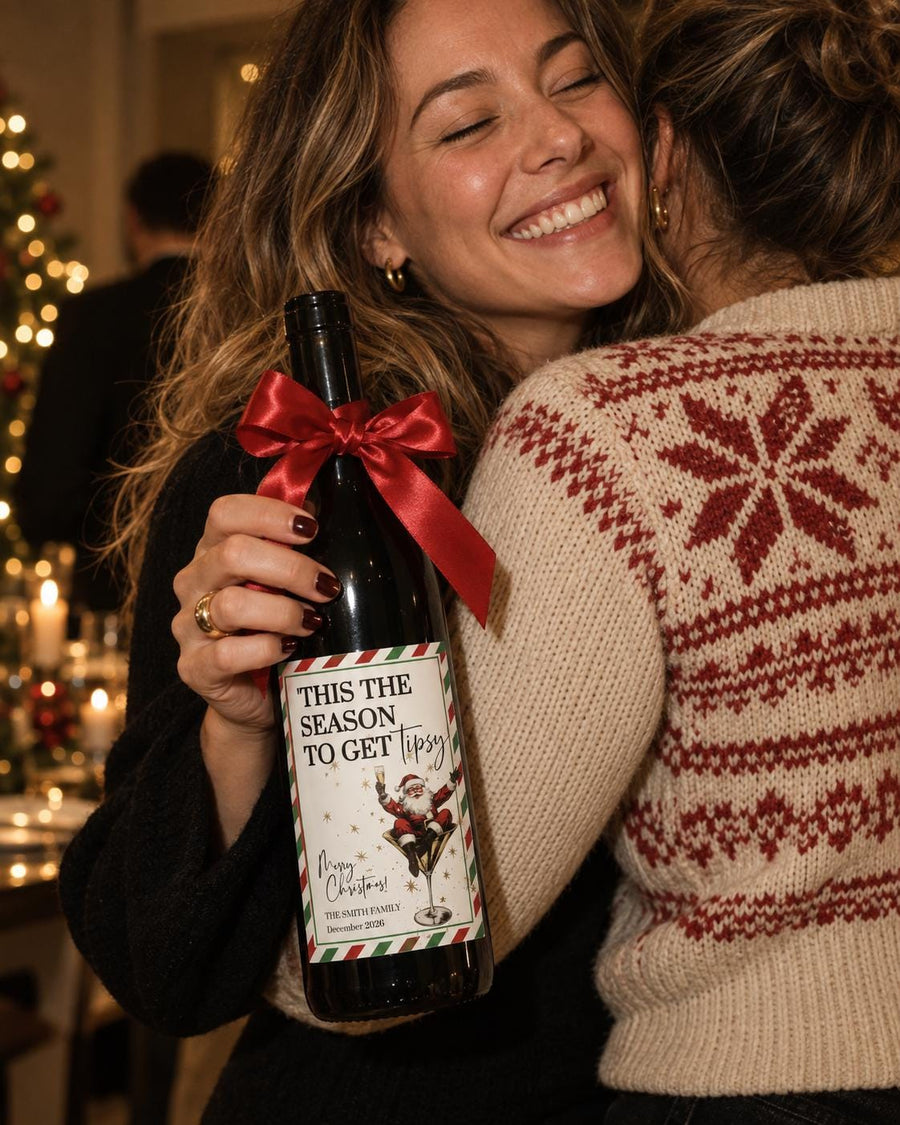 Custom Wine Label, Funny This Season To Get Tipsy, Editable Christmas Bottle Template 028SA-WILA
