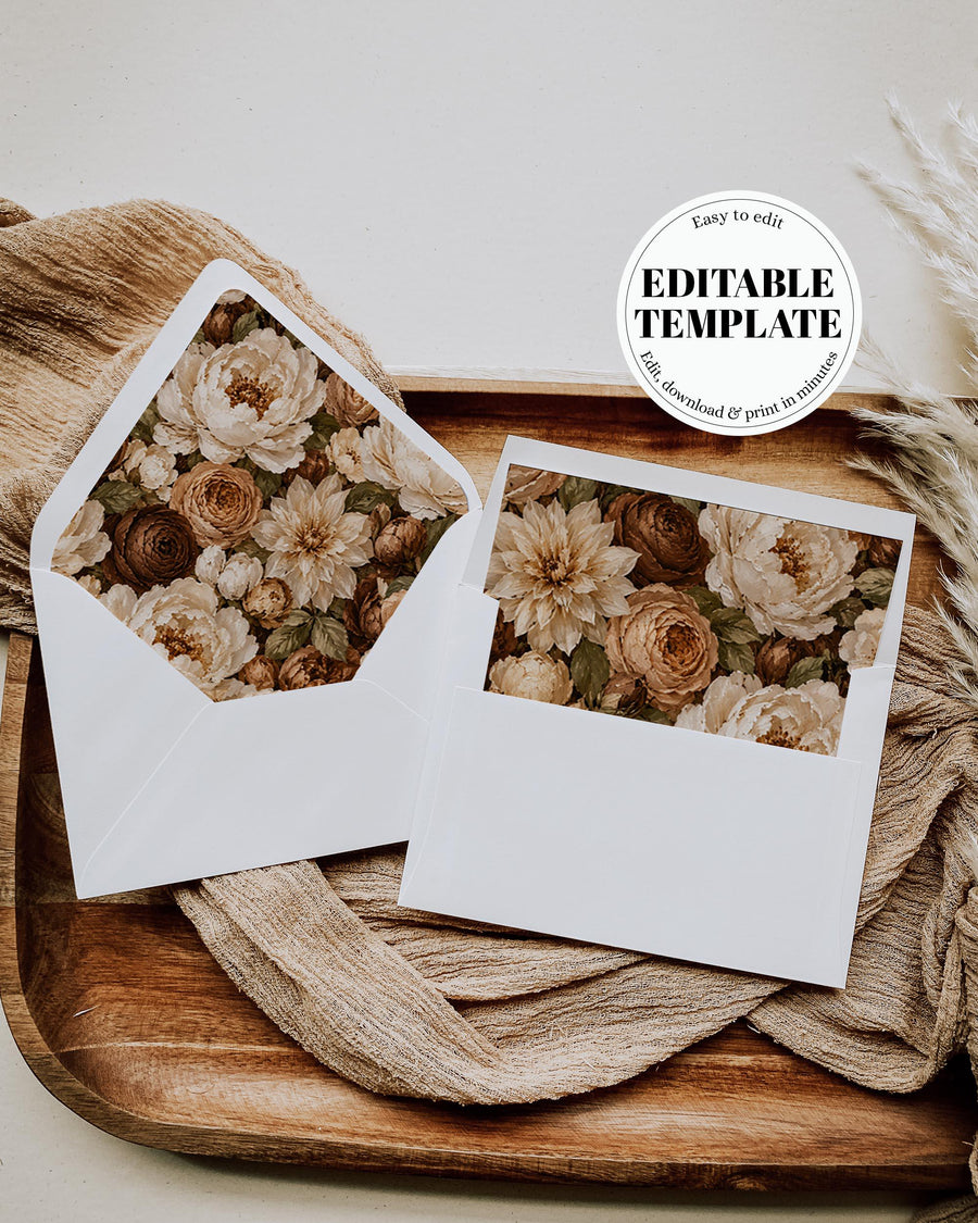 Dark Brown Cream Floral Envelope Liner, Vintage Wedding Insert, Old Money Editable Template 039FL-ENVLI
