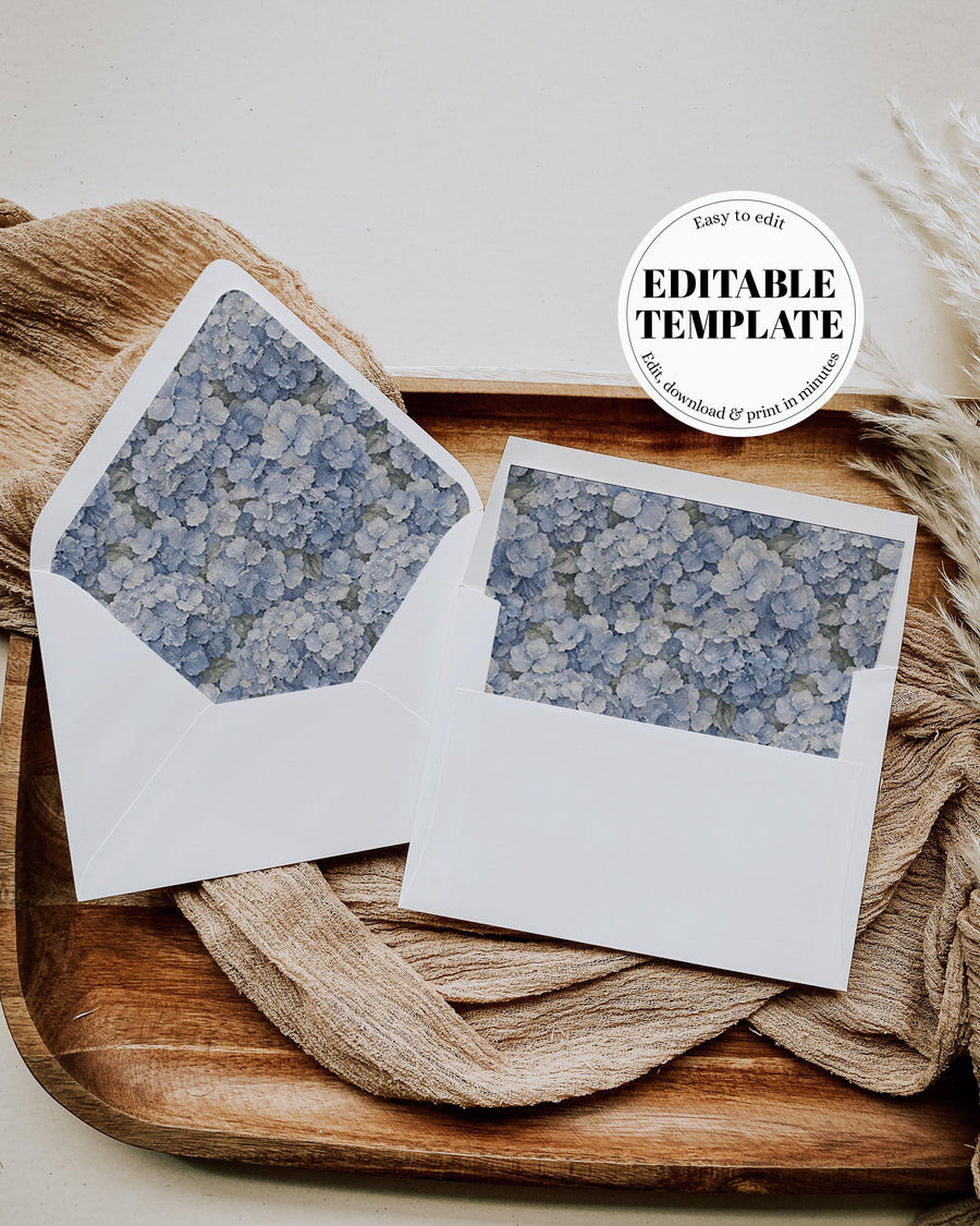 Dusty Blue Hydrangea Wedding Envelope Liner, Vintage Floral Invitation Insert, Old Money Editable Template 039FL-ENVLI