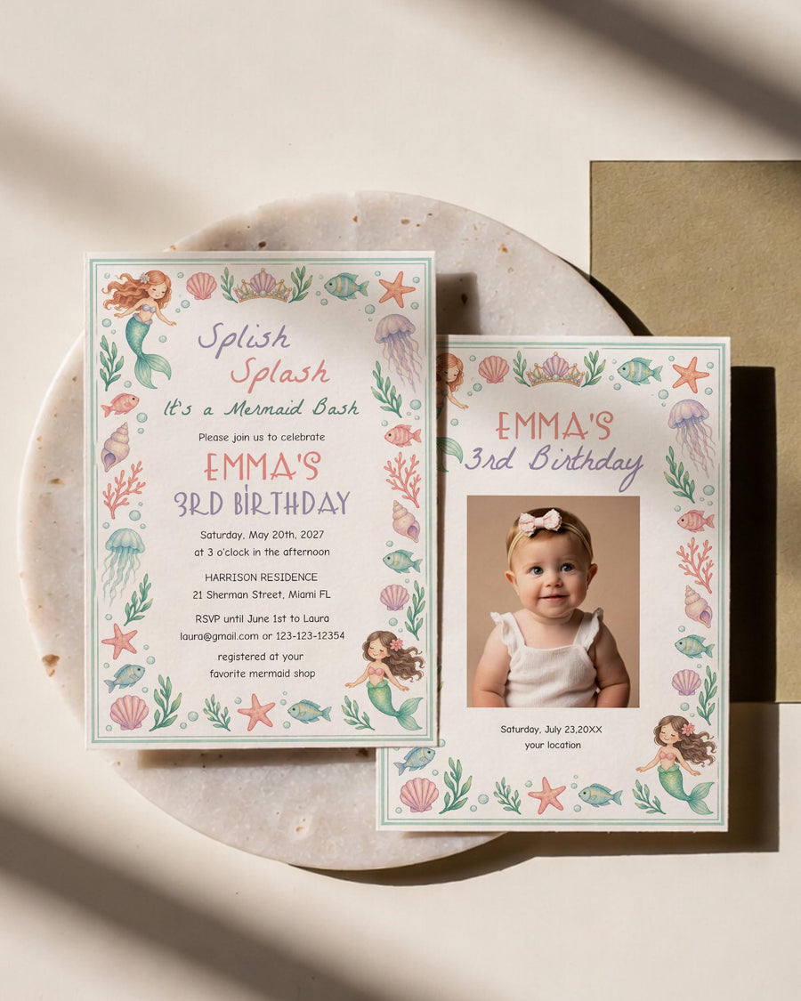 Mermaid Birthday Invitation, Splish Splash Mermaid Bash Party Invite, Editable Digital Card Template 032MM-BINV
