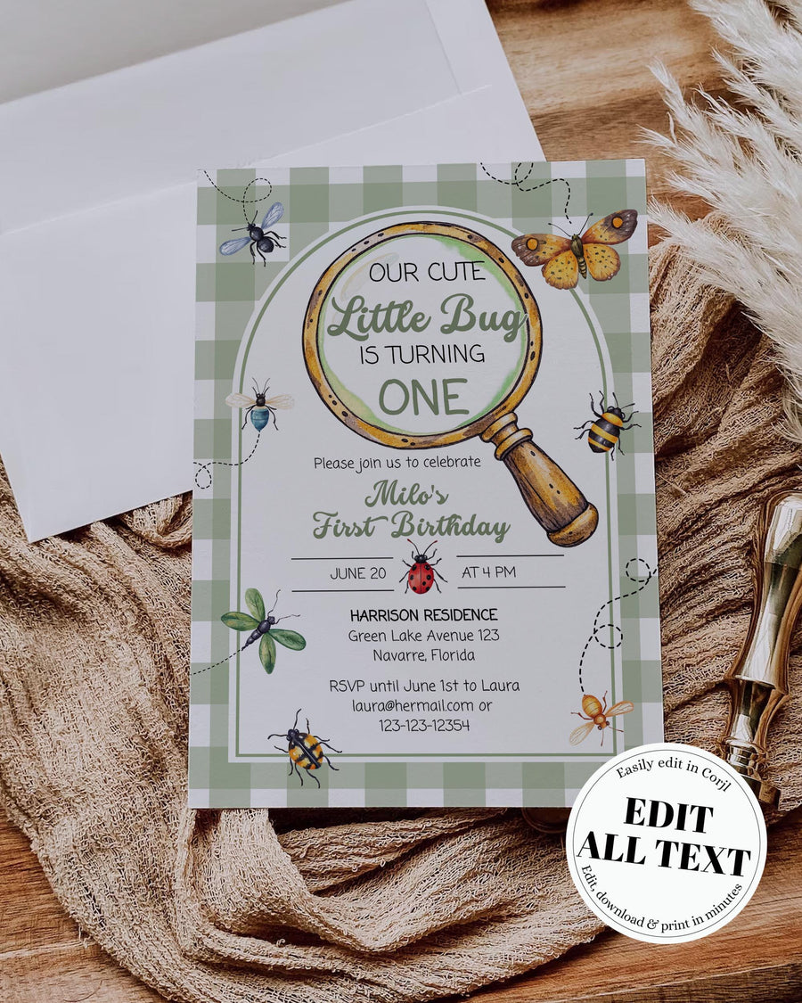 Bug Birthday Invitation, Little Explorer Party Invite, Editable Gingham First Birthday Digital Template 101LB-BINV