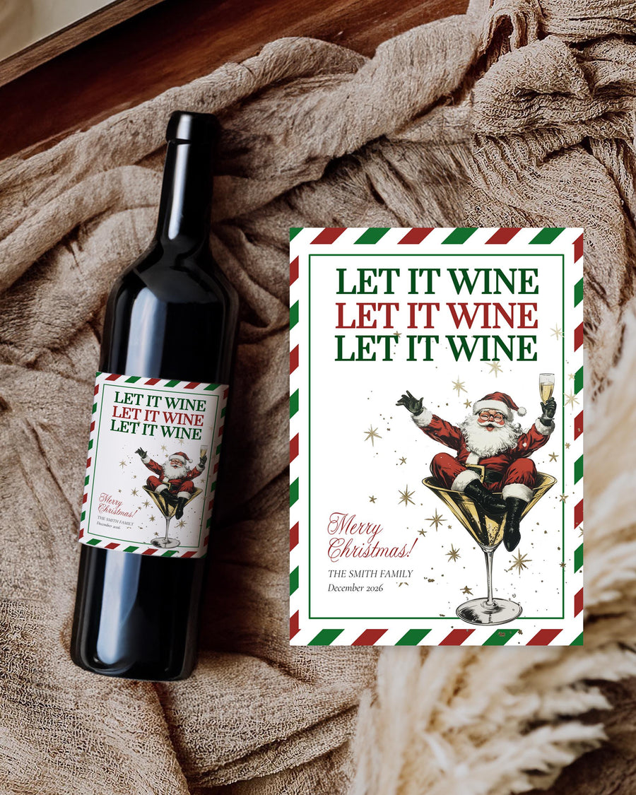 Custom Wine Labels, Santa Martini Holiday Art, Editable Christmas Party Gift Template 028SA-WILA