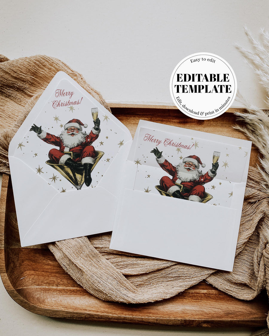 Envelope Liner Template, Santa Martini Gold Star Christmas, Three Size Editable Holiday Insert 028SA-ENVLI